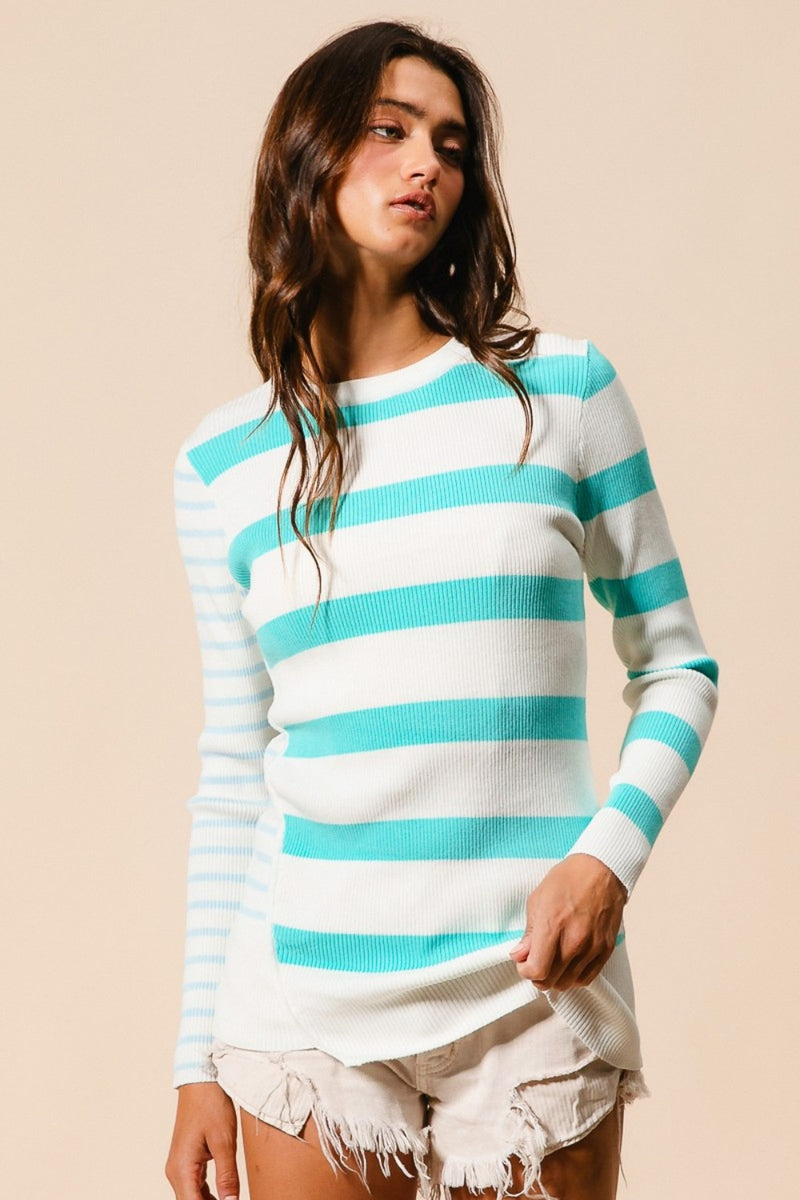 Hazel Blues® |  BiBi Contrast Striped Asymmetrical Hem Knit Top