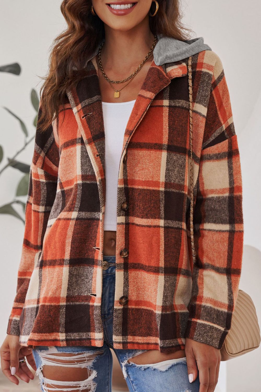 Hazel Blues® |  Plaid Button Up Hooded Shacket