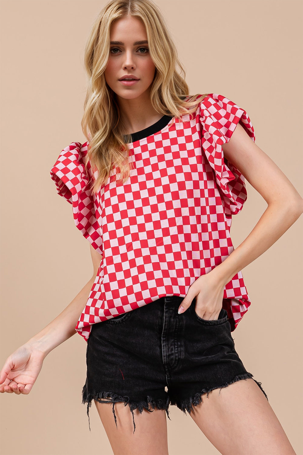 Hazel Blues® |  OH Checkered Round Neck Puff Sleeve Blouse