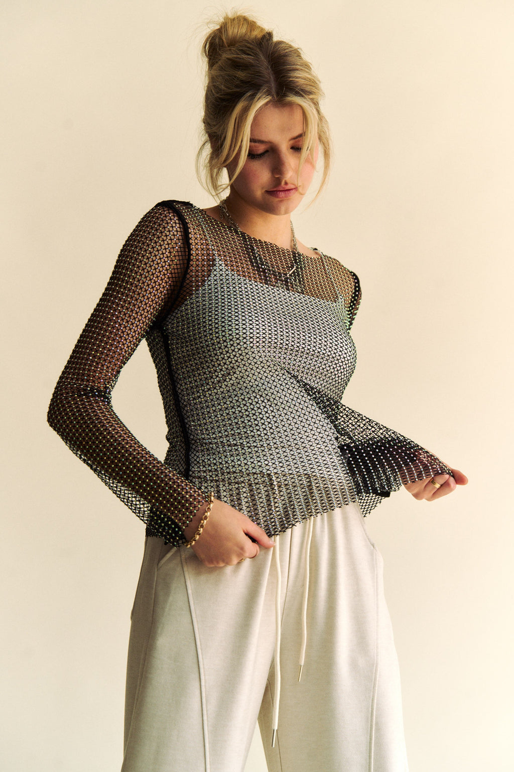 Hazel Blues® |  Davi & Dani Sparkling Rhinestone Sheer Mesh Round Neck Top