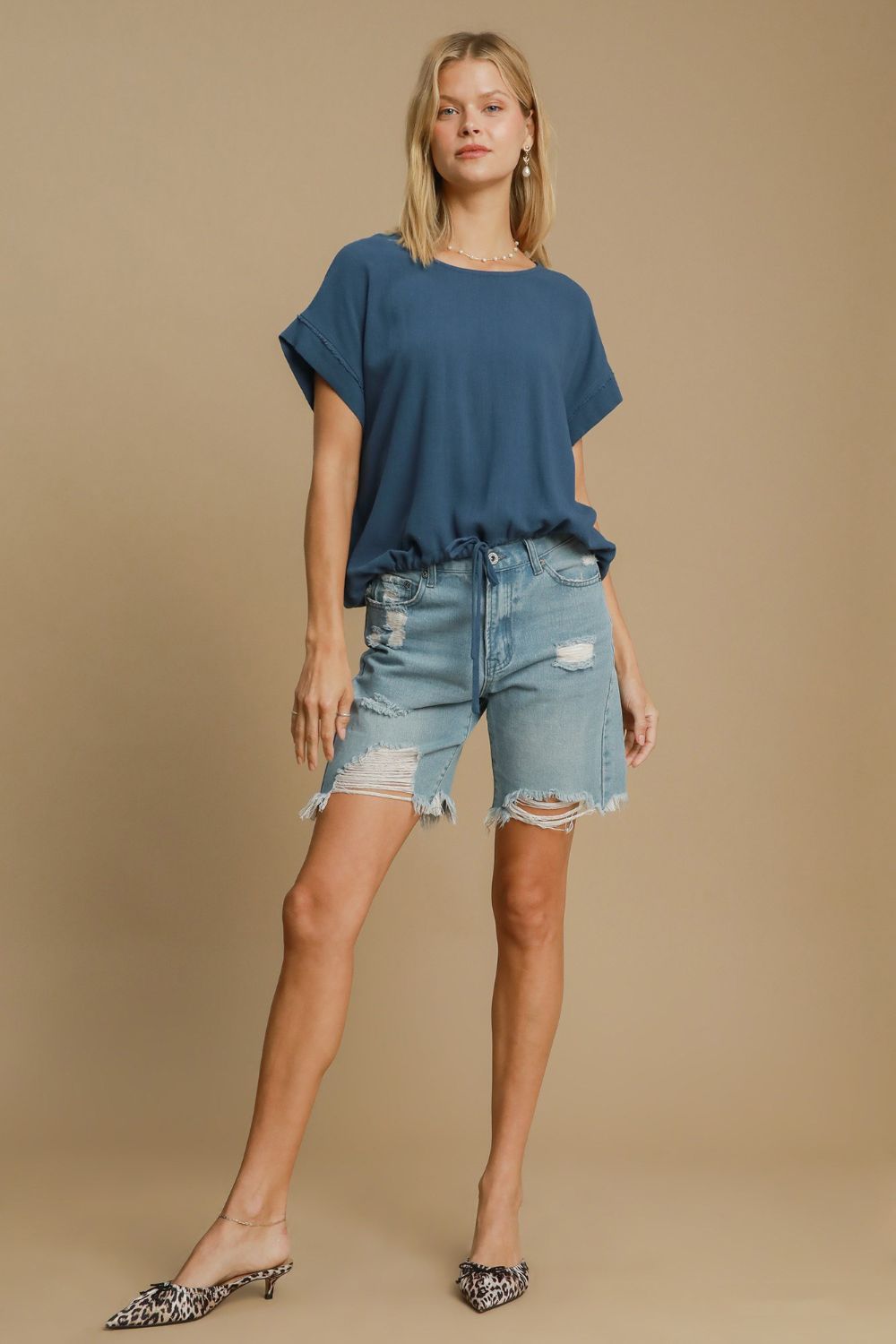 Hazel Blues® |  Umgee Drawstring Hem Round Neck Short Sleeve T-Shirt