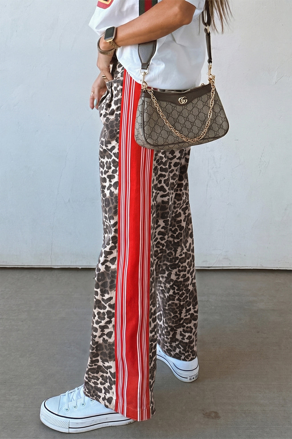 Brown Leopard Patchwork Elastic-Waist Jeans