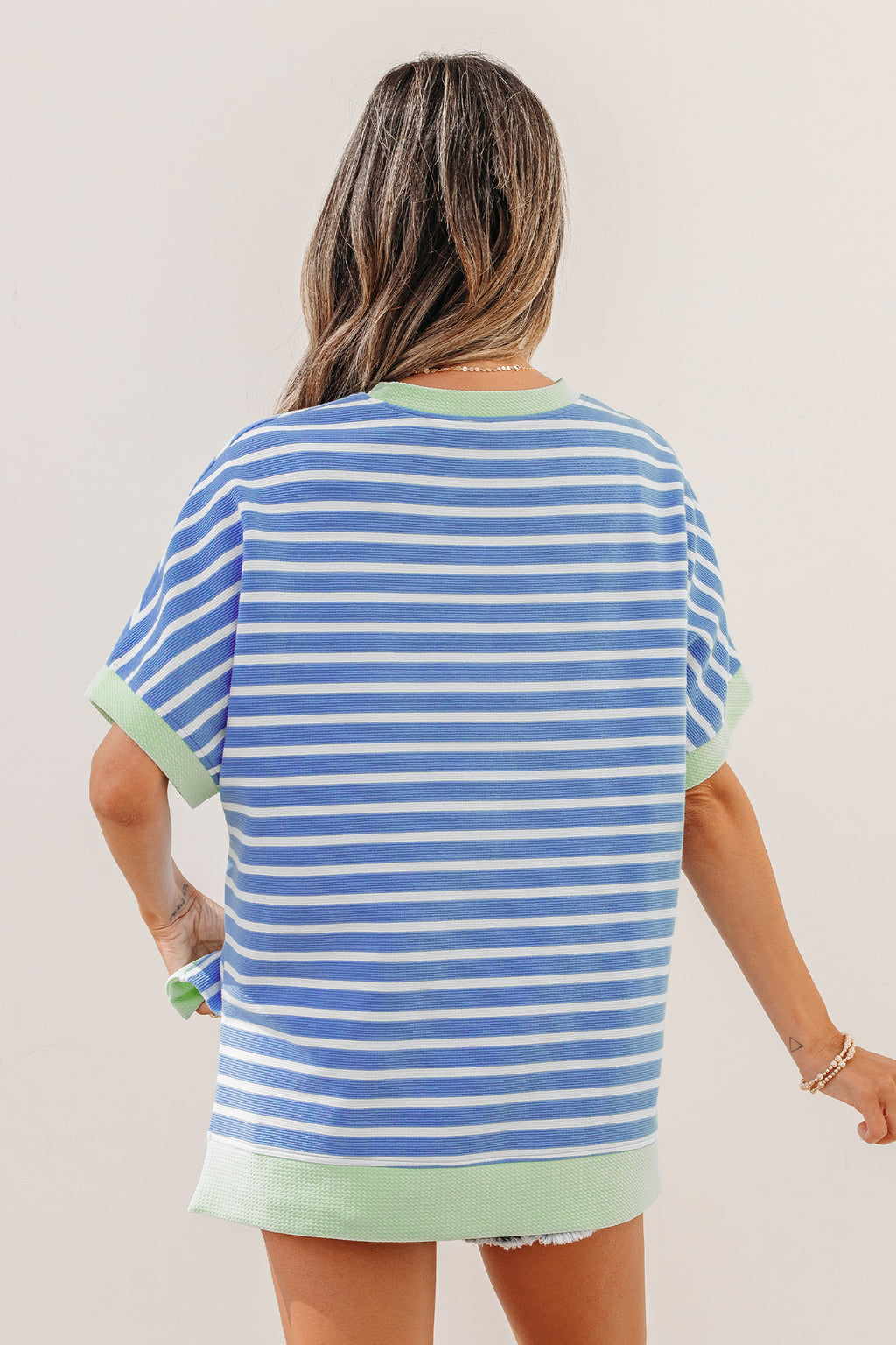 Sky Blue Stripe Contrast Trim Loose Short-Sleeve Top