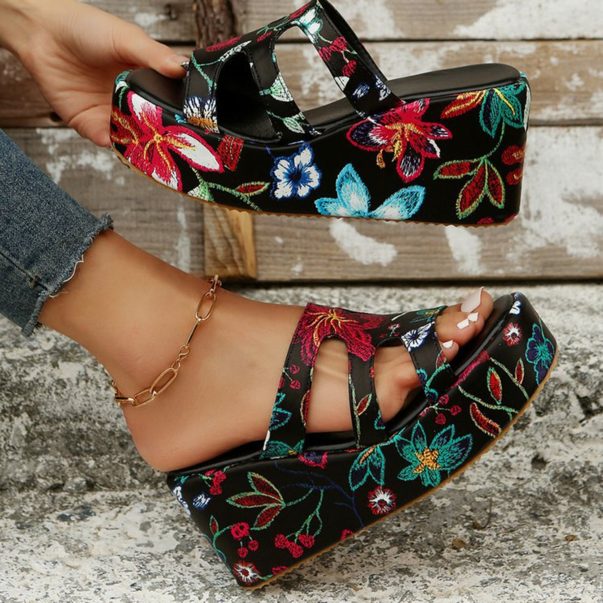 Hazel Blues® |  Cutout Floral Peep Toe Sandals