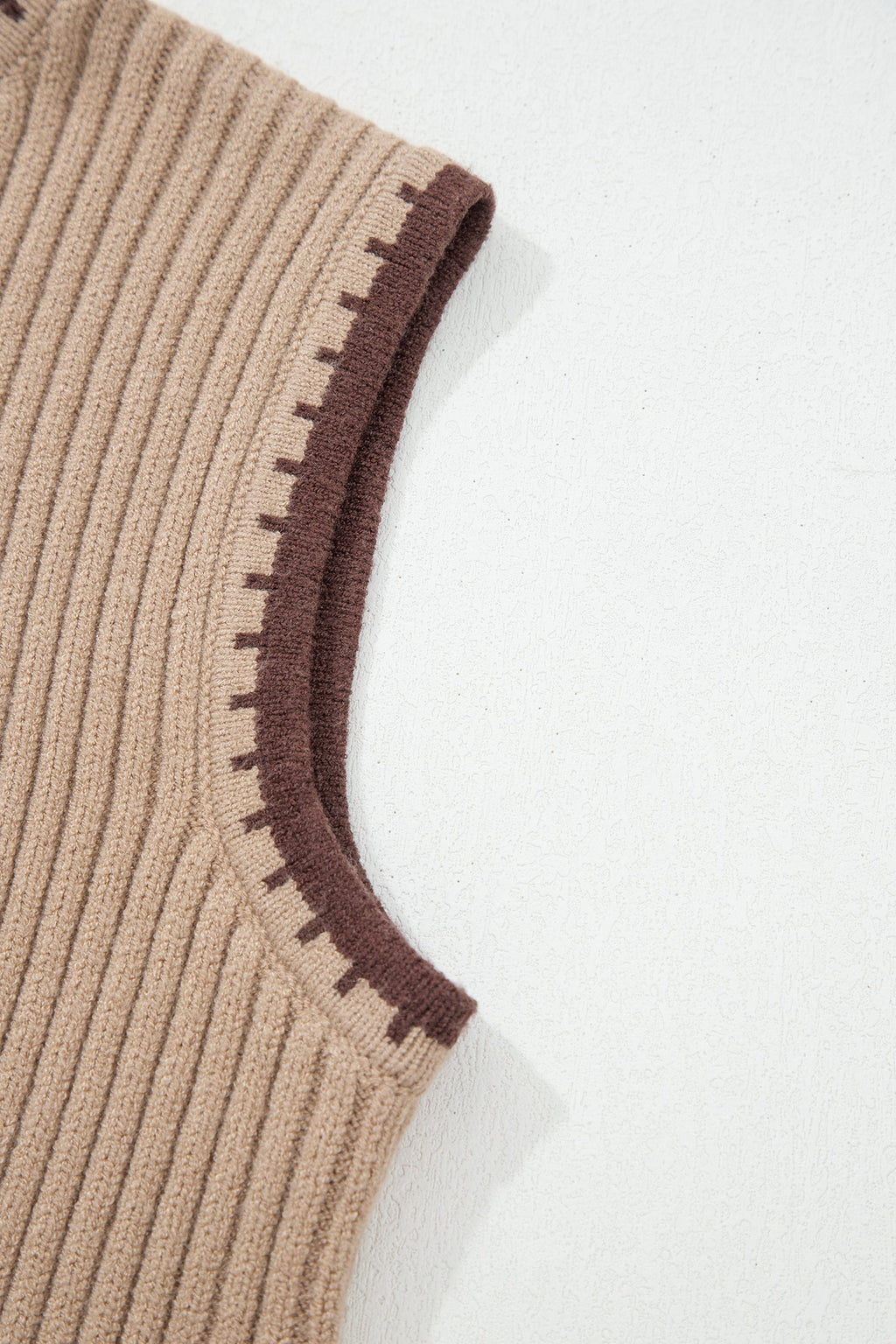 Contrast Trim Ribbed Knit Round Neck Horseshoe Sweater Vest | Ribbed Round Neck Horseshoe Cardigan