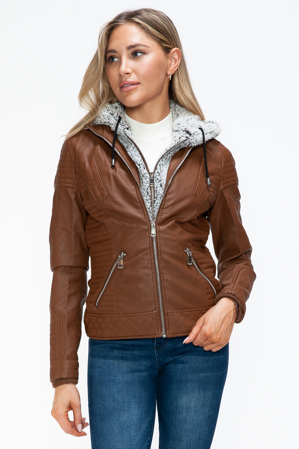 Hazel Blues® |  YMI Faux Layered Double-Zipper Jacket with Fuzzy Hood