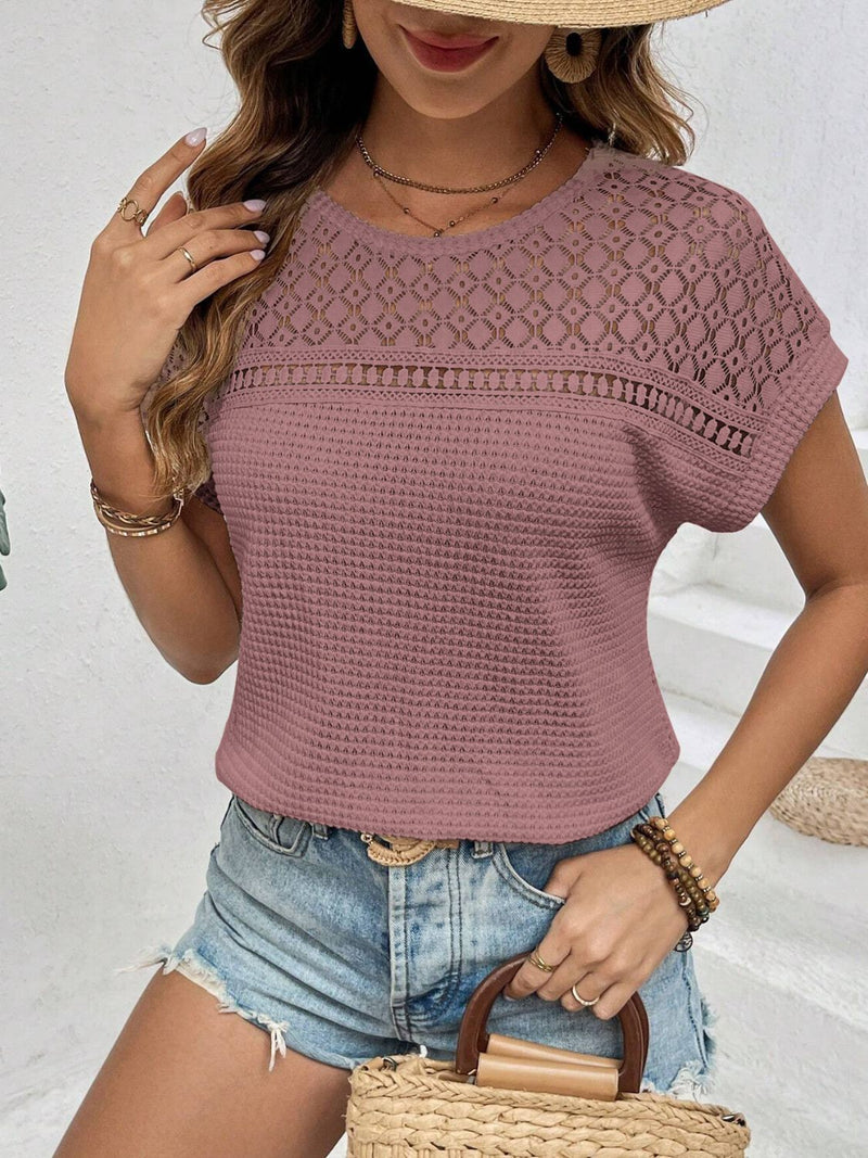 Hazel Blues® |  Waffle-Knit Round Neck Short Sleeve Top