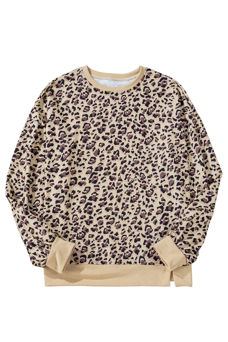 Hazel Blues® |  Slit Leopard Round Neck Long Sleeve Sweatshirt