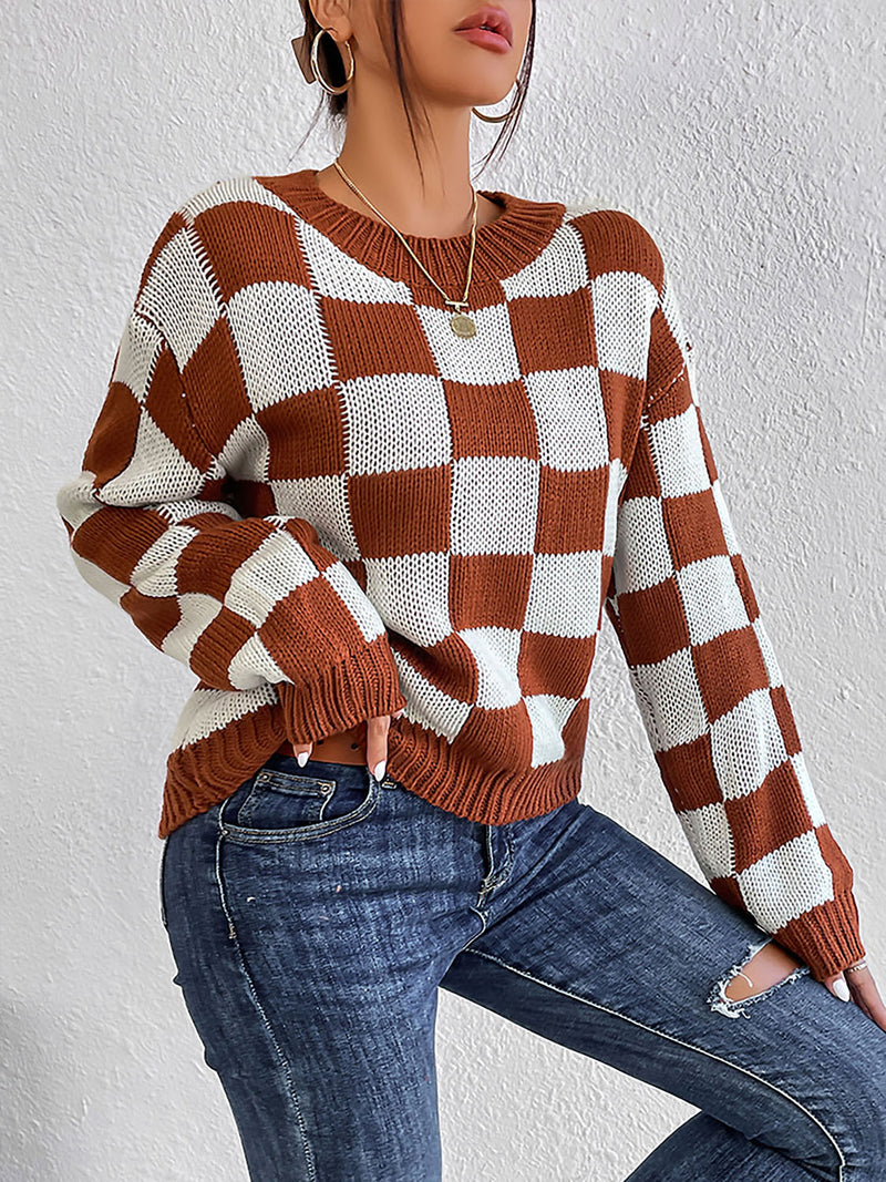 Hazel Blues® |  Checkered Round Neck Sweater