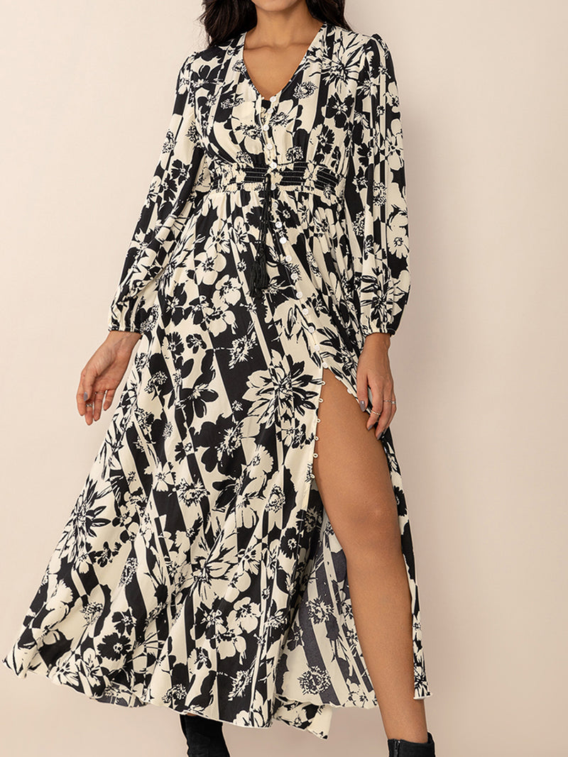 Hazel Blues® |  Tied Printed V-Neck Long Sleeve Midi Dress