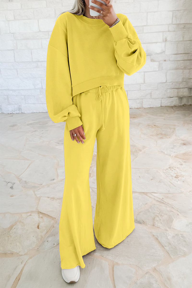 Hazel Blues® |  Yellow Cream Drop Shoulder Puff Sleeve Crop Pullover Drawstring Wide Leg Pants Set