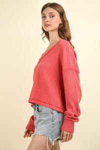 Hazel Blues® |  VERY J Exposed Seam V-Neck Ribbed Knit Top