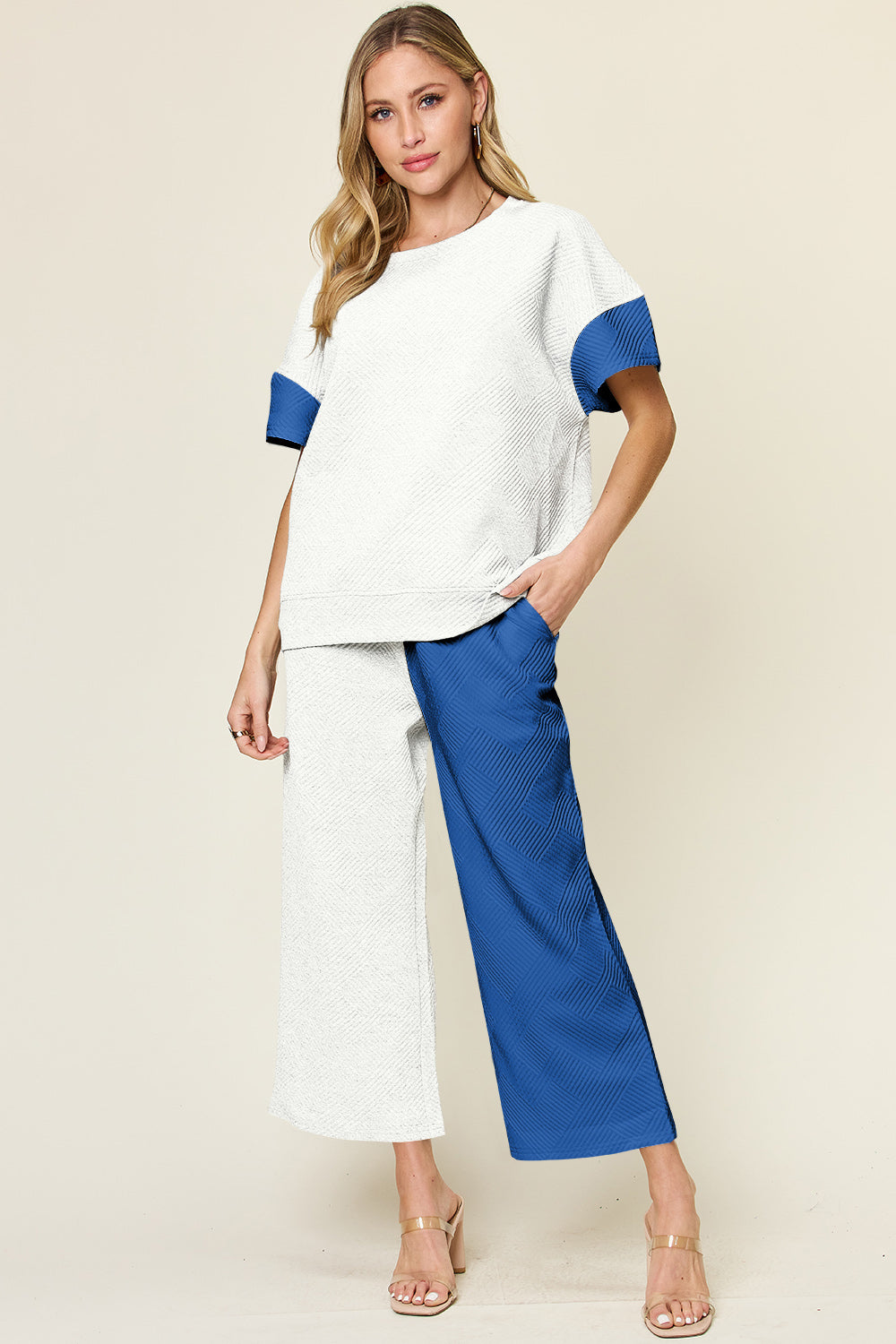 Hazel Blues® |  Double Take Texture Contrast T-Shirt and Wide Leg Pants Set