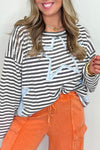 Hazel Blues® |  Gray Stripe Starry Patch Drop Shoulder Raw Edge Casual Knit Top