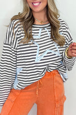 Hazel Blues® |  Gray Stripe Starry Patch Drop Shoulder Raw Edge Casual Knit Top