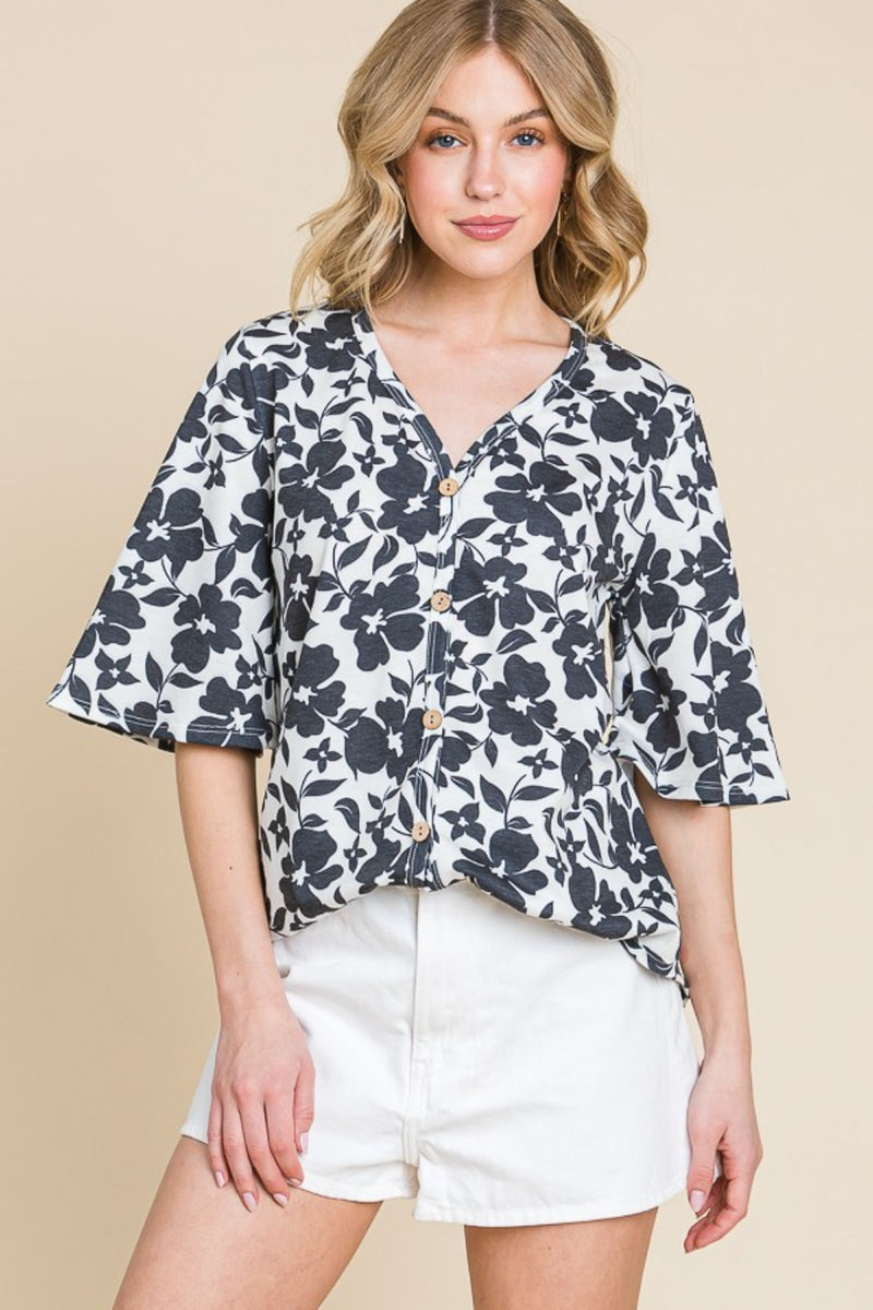 Hazel Blues® |  BOMBOM Floral Decorative Button V-Neck Top