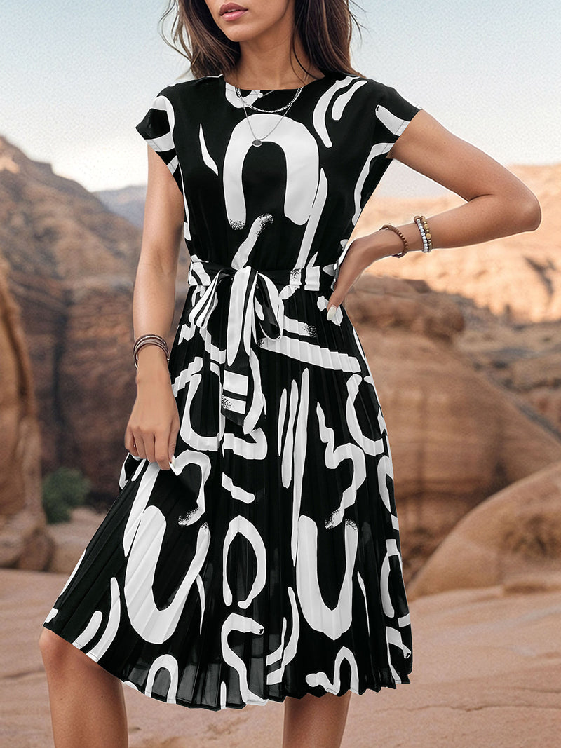 Hazel Blues® |  Printed Cap Sleeve Tie Waist Dress