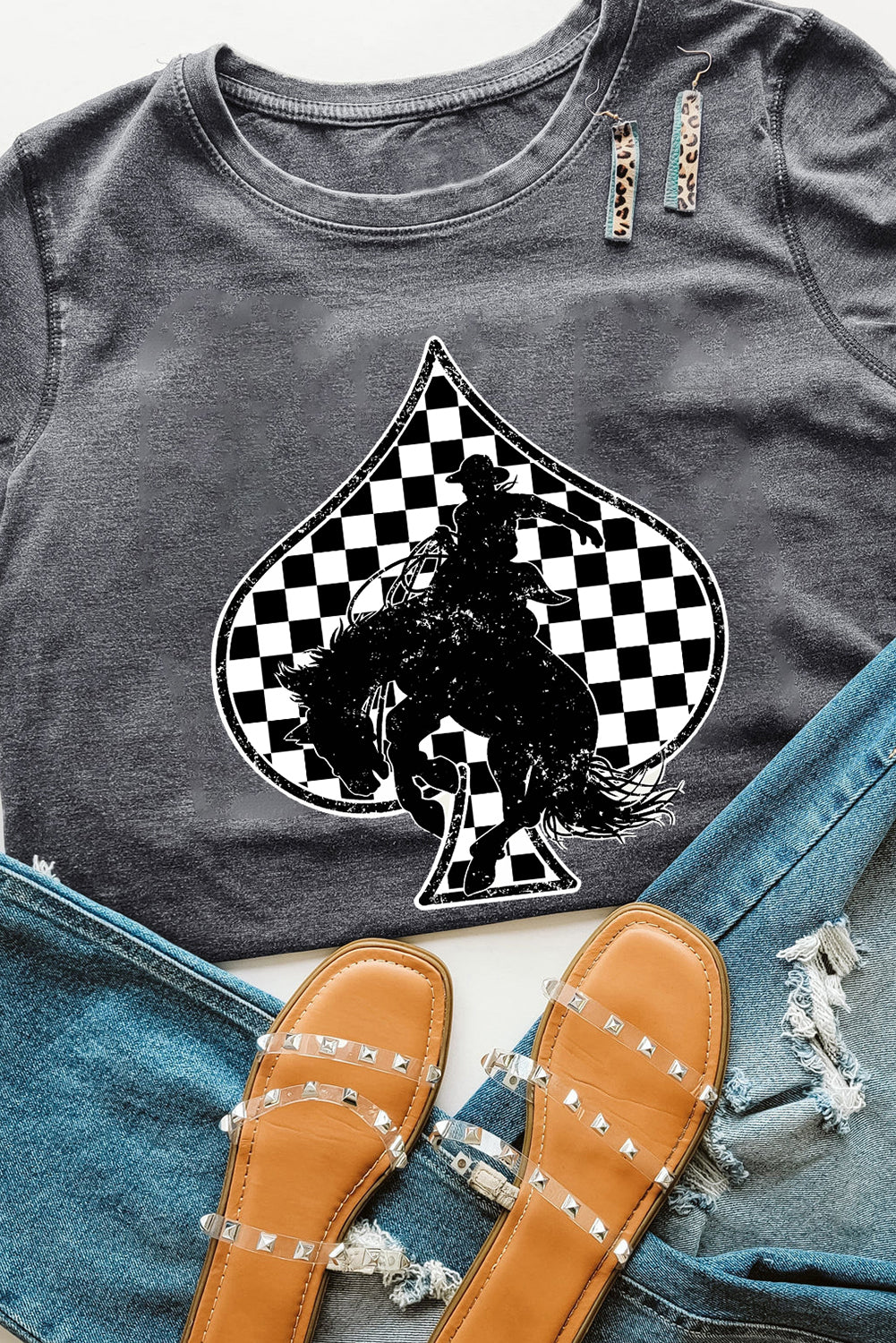 Hazel Blues® |  Gray Redeo Check Spades Western Graphic T Shirt