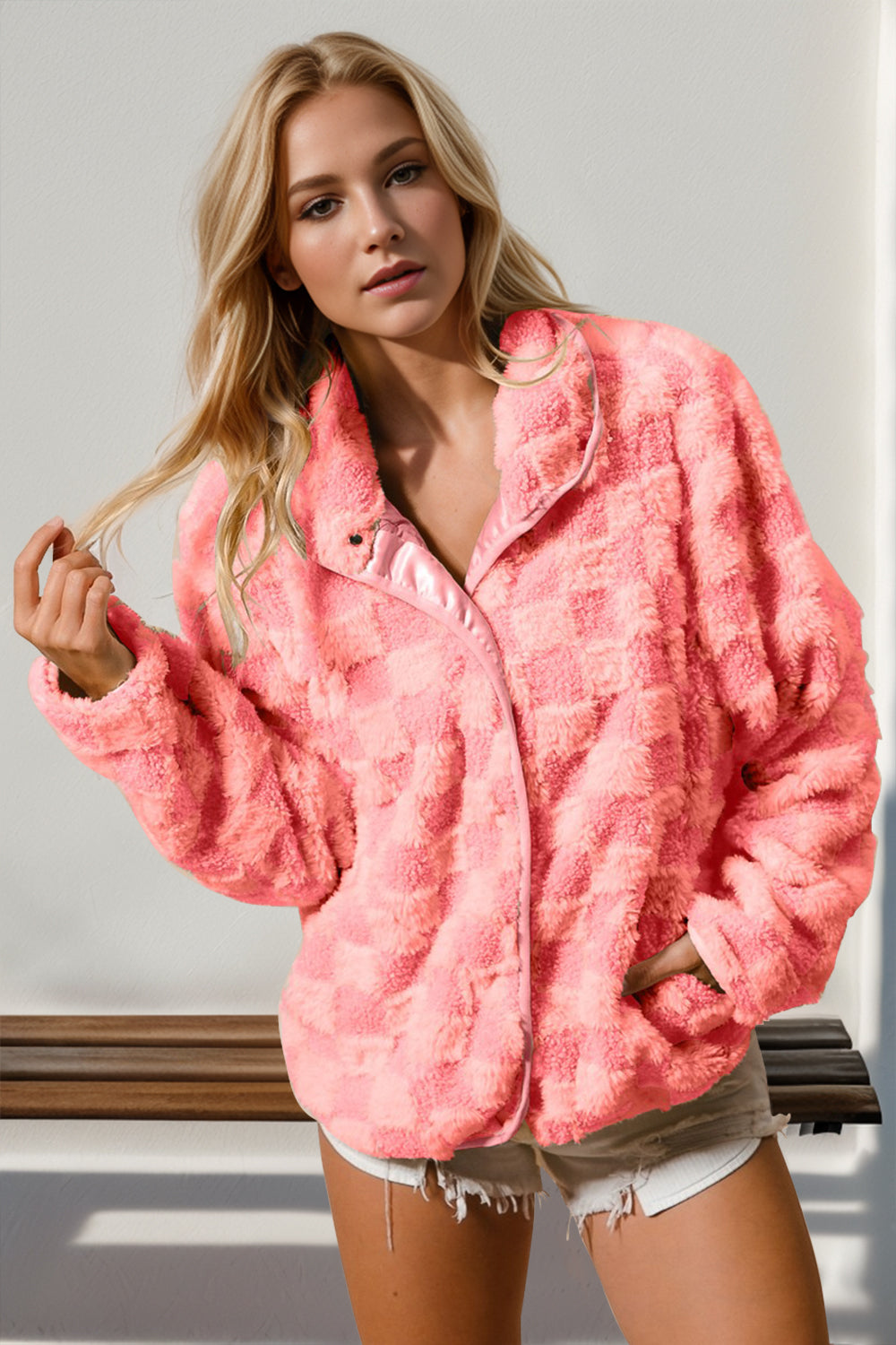 Hazel Blues® |  Double Take Checkered Long Sleeve Fuzzy Jacket