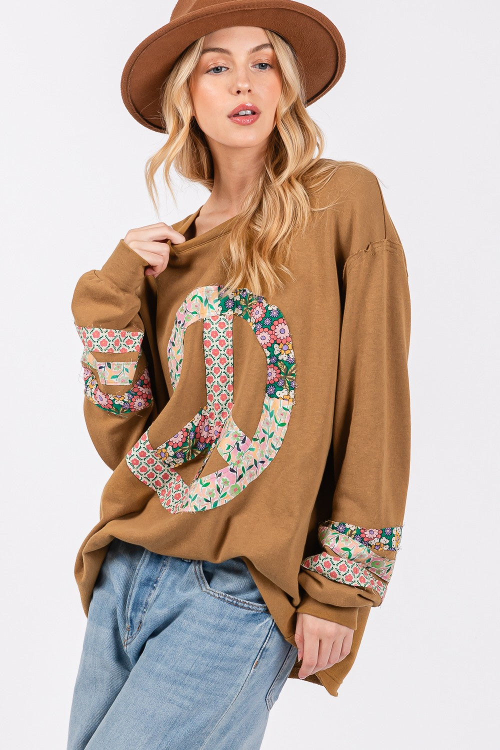 Hazel Blues® |  SAGE + FIG Peace Applique Patch Long Sleeve Top