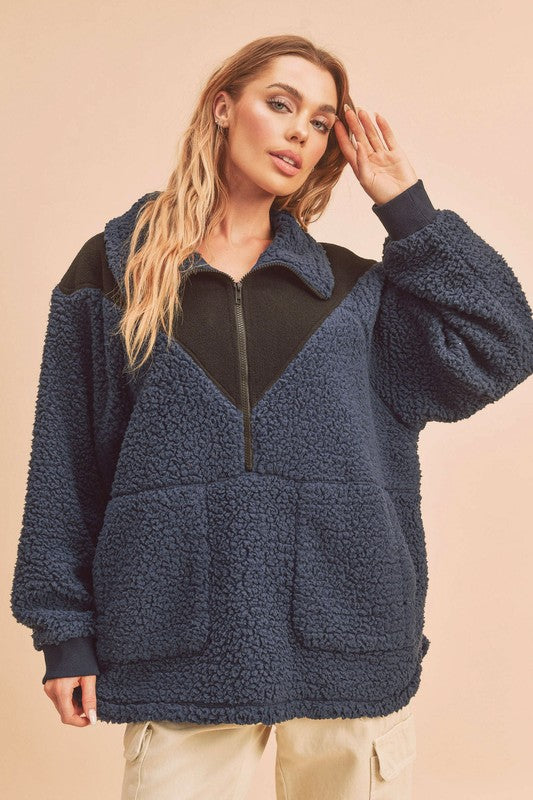 Hazel Blues® |  Aemi+Co Two Tone Half Zip Fleece Sweatshirt