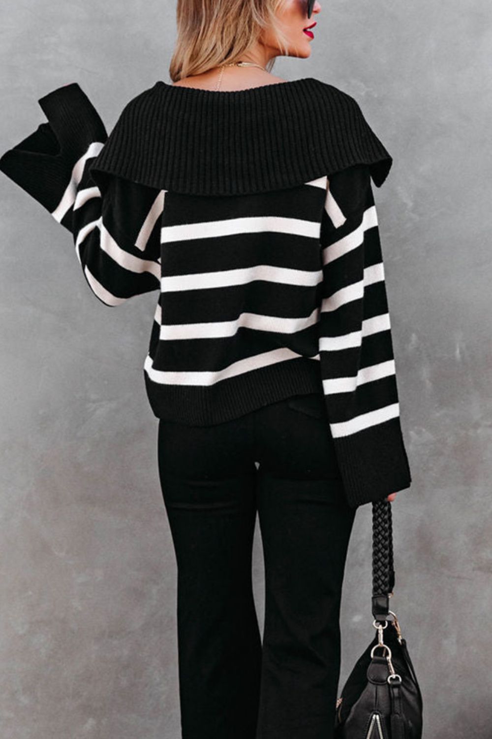 Hazel Blues® |  Striped Johnny Collar Long Sleeve Sweater