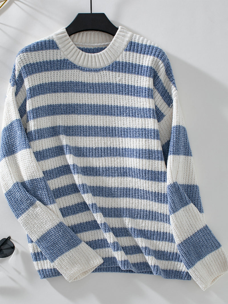 Hazel Blues® |  Striped Round Neck Long Sleeve Sweater