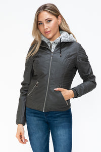 Hazel Blues® |  YMI Faux Layered Double-Zipper Jacket with Fuzzy Hood