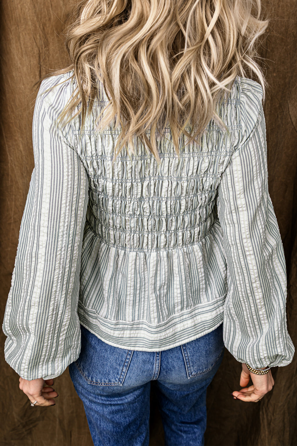 Blue Stripe V-Neck Shirred Long-Sleeve Blouse