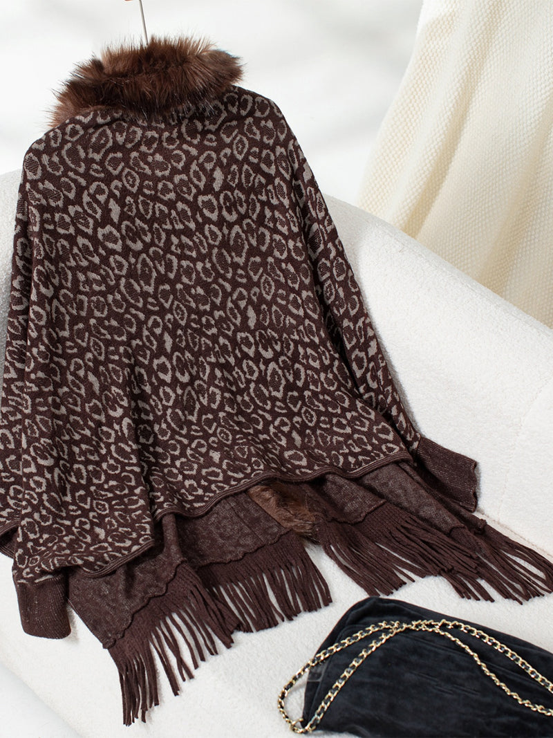 Hazel Blues® |  Fringe Leopard Open Front Long Sleeve Poncho