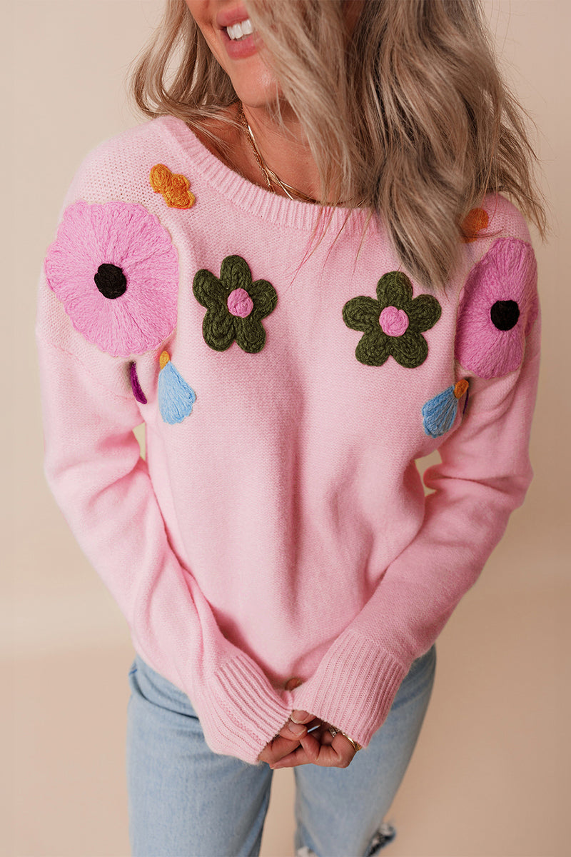 Hazel Blues® |  Crochet Flower Round Neck Dropped Shoulder Sweater