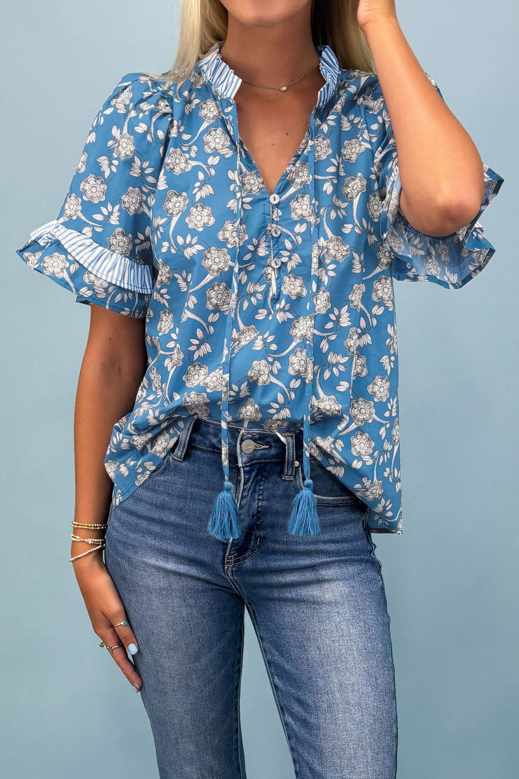 Blue Floral-Print Button Tie Neck Striped Detail Short-Sleeve Blouse