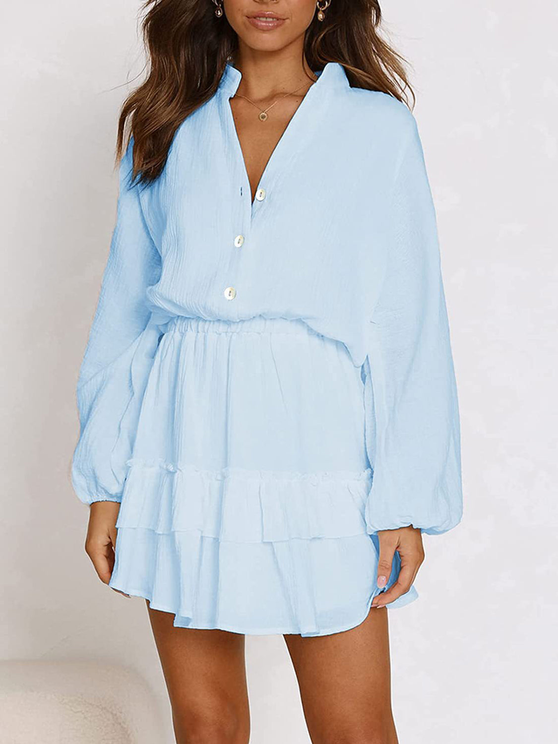 Hazel Blues® |  Ruffled Notched Balloon Sleeve Mini Dress