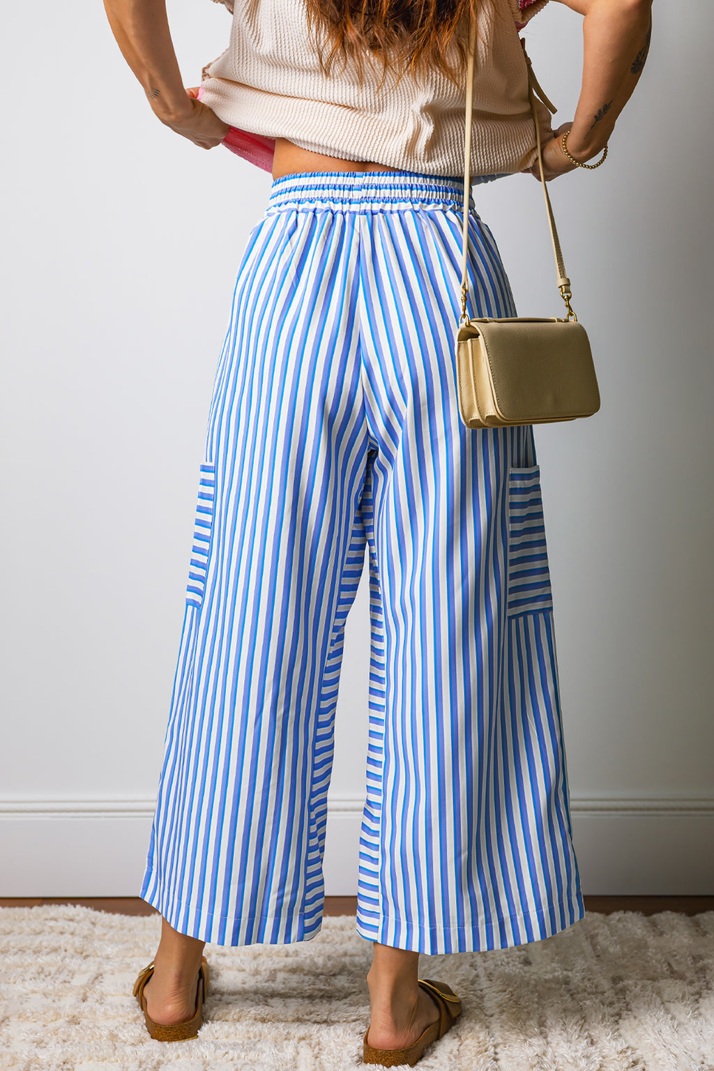 Sky Blue Stripe Drawstring Elastic-Waist Patch Pocket Wide-Leg Ankle-length Pants