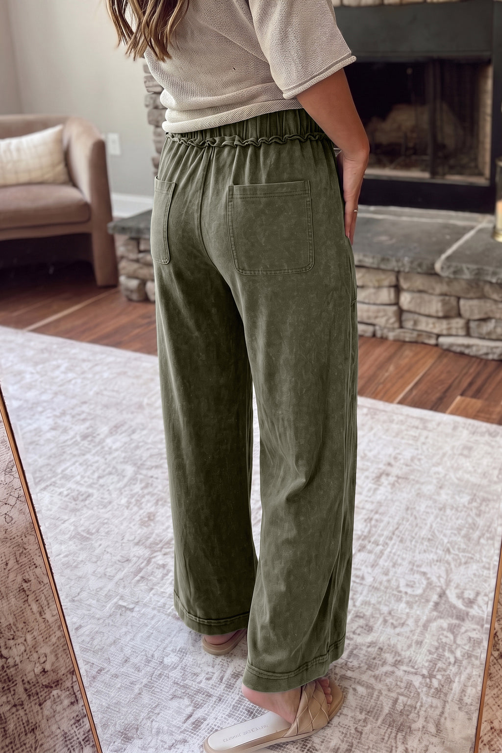 Piper Claire Olive Green Mineral Wash Seam Detail Flare Leg Drawstring Pants