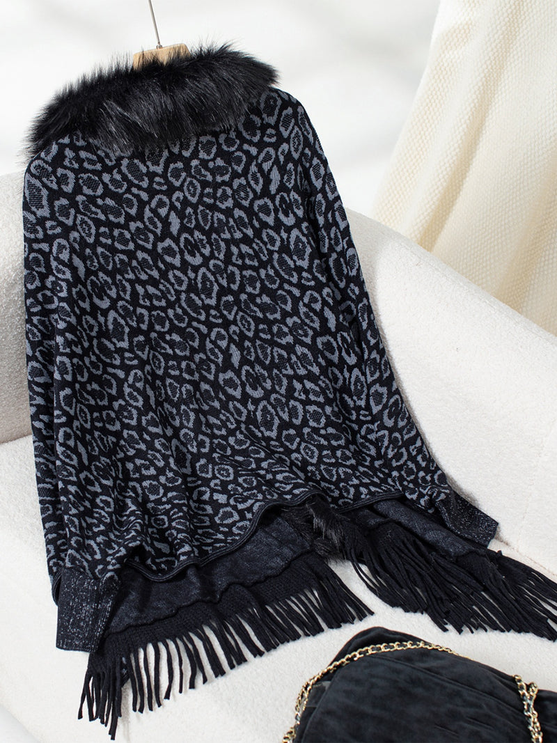 Hazel Blues® |  Fringe Leopard Open Front Long Sleeve Poncho