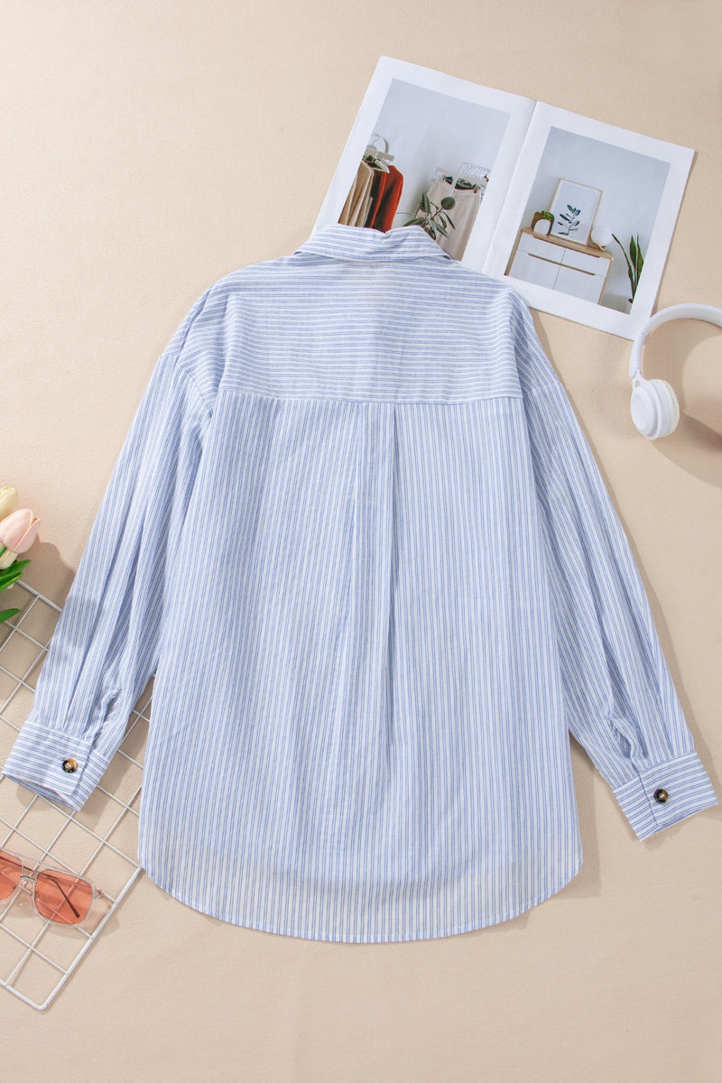 Hazel Blues® |  High-Low Striped Collared Neck Long Sleeve Shirt