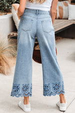 Hazel Blues® |  Dusk Blue Embroidered Cropped Wide Leg High Waist Jeans