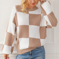 Hazel Blues® |  Checkered Round Neck Drop Shoulder Long Sleeve Sweater