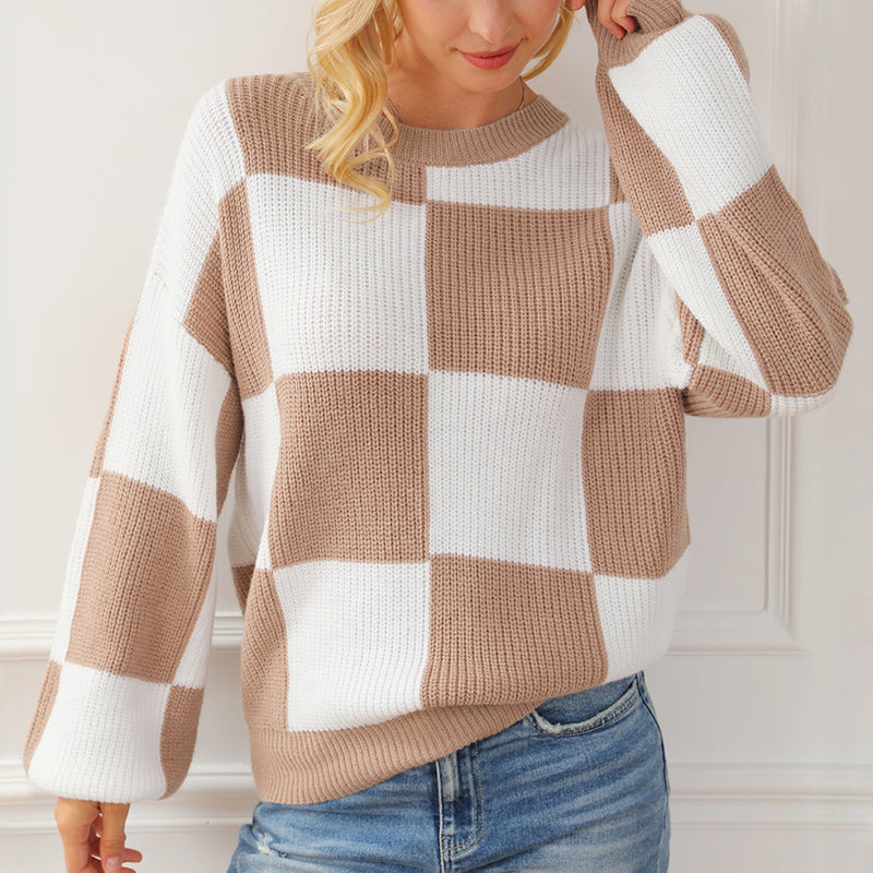 Hazel Blues® |  Checkered Round Neck Drop Shoulder Long Sleeve Sweater