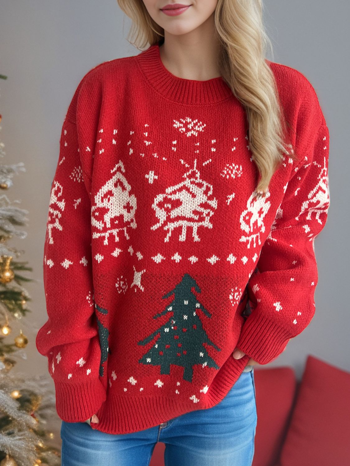 Hazel Blues® |  Christmas Element Round Neck Long Sleeve Sweater