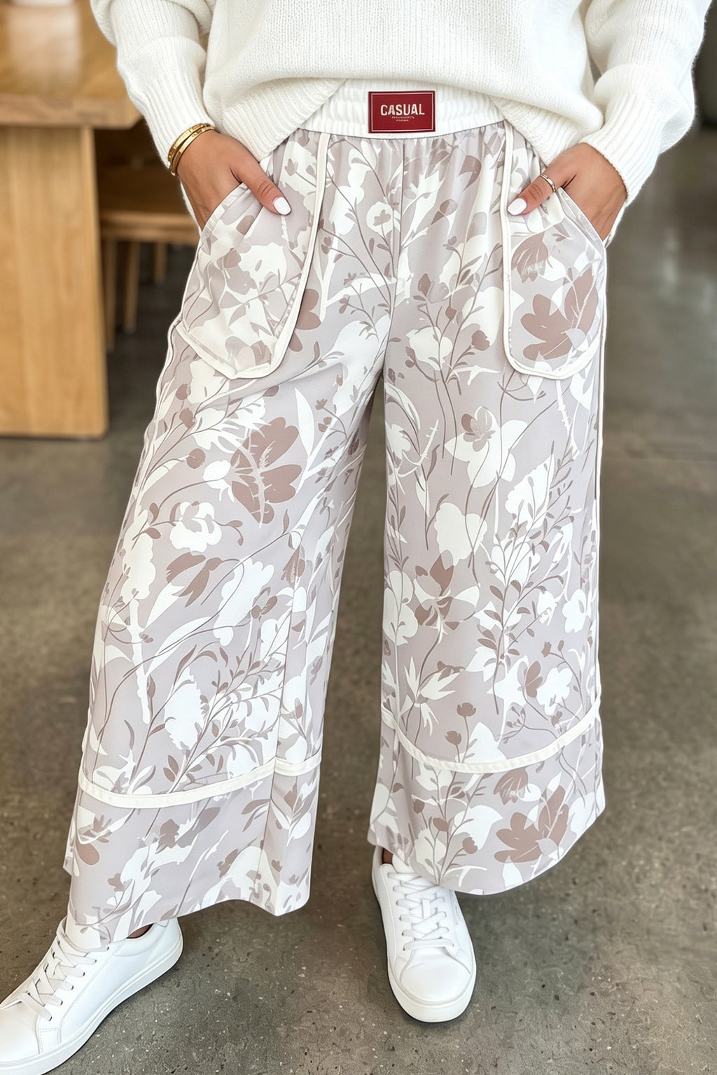 Gray Floral Camo Print Contrast Trim Relaxed Pants