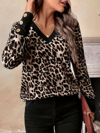 Hazel Blues® |  Decorative Button Leopard V-Neck Long Sleeve T-Shirt