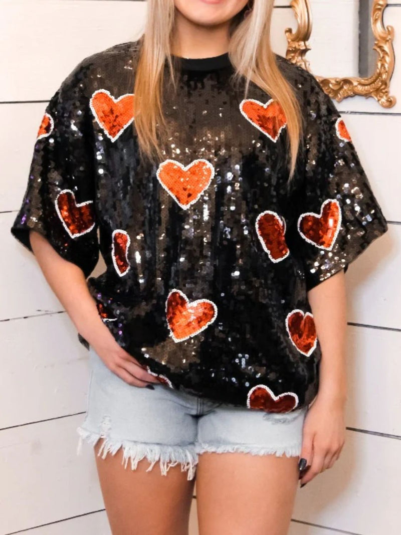 Hazel Blues® |  Valentine’s Day Sequin Heart Round Neck Half Sleeve Top