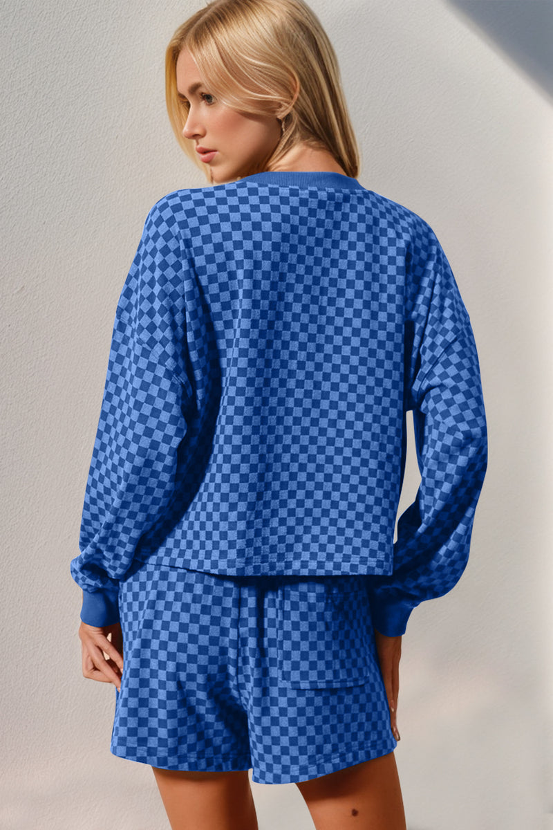 Hazel Blues® |  Double Take Checkered Half Button Top and Shorts Set