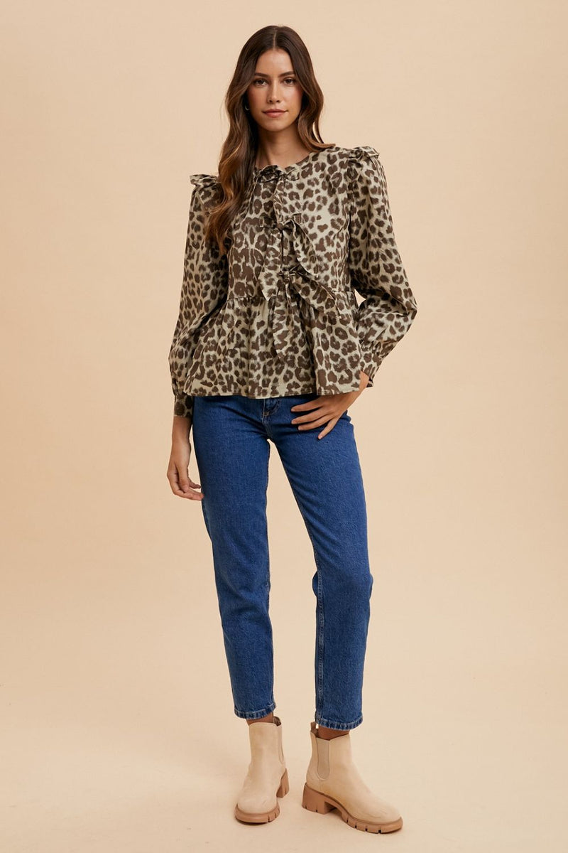 Hazel Blues® |  Annie Wear Tied Leopard Round Neck Peplum Blouse