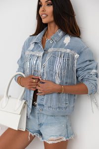 Hazel Blues® |  Sequin Fringe Trim Distressed Button Up Denim Jacket