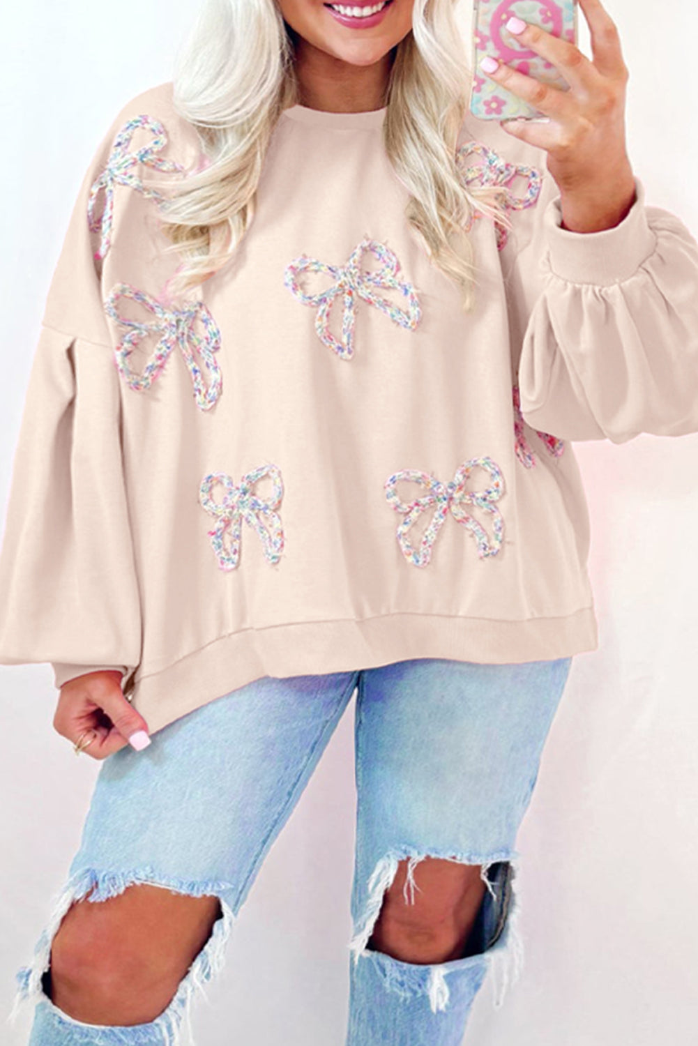 Hazel Blues® |  Bow Round Neck Long Sleeve Sweatshirt