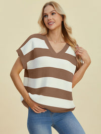 Hazel Blues® |  Double Take Striped V-Neck Short Sleeve Sweater