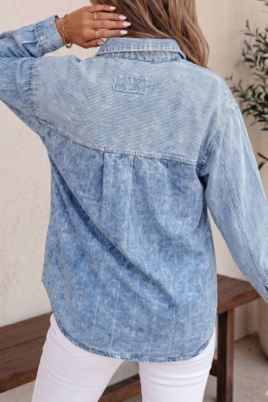 Sky Blue Stripe Vintage Washed Denim Color Block Long Sleeve Shirt